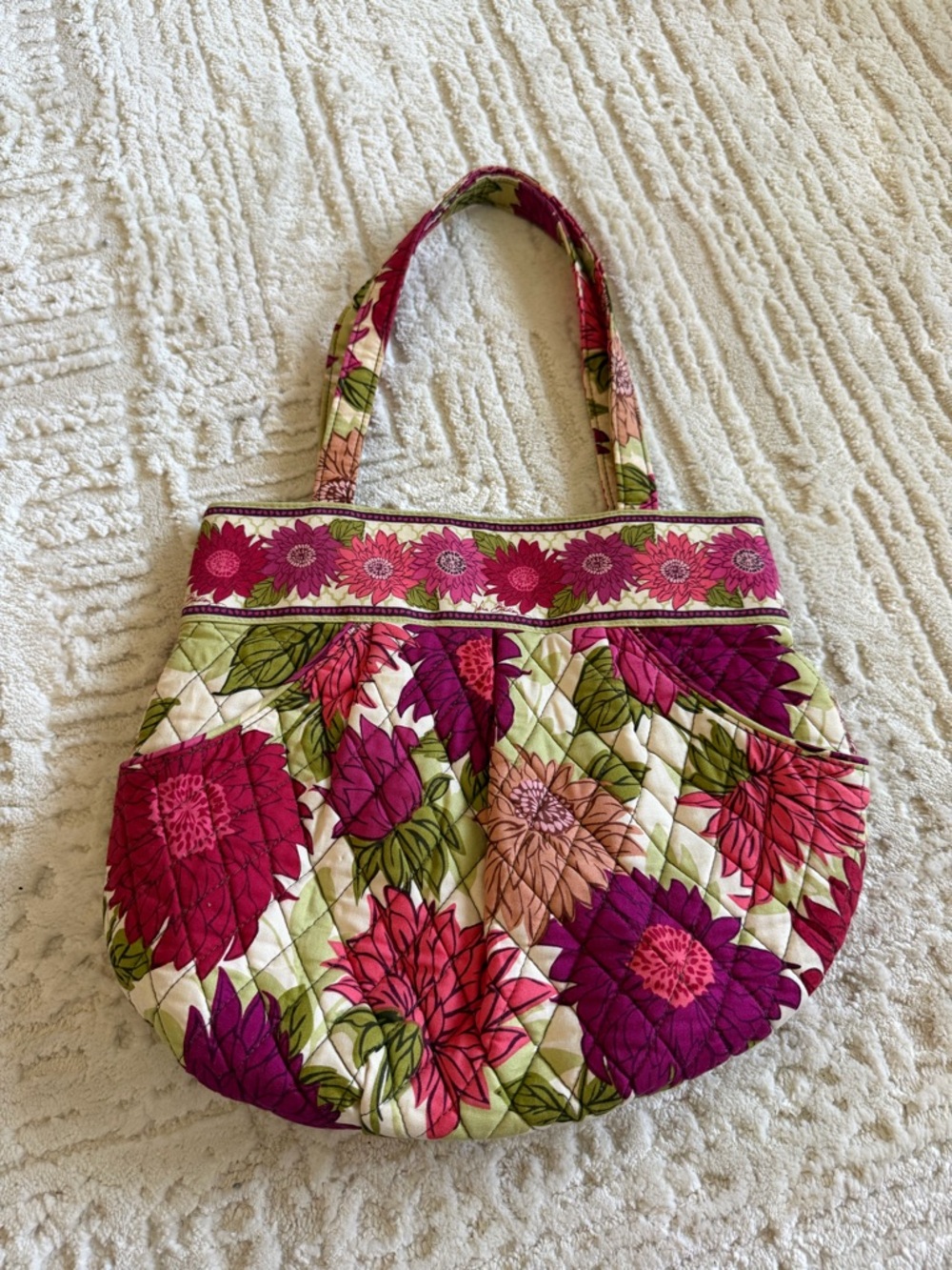 Vera Bradley Quilted Floral Tote Bag Pink Green Cotton Shoulder Bag Pockets